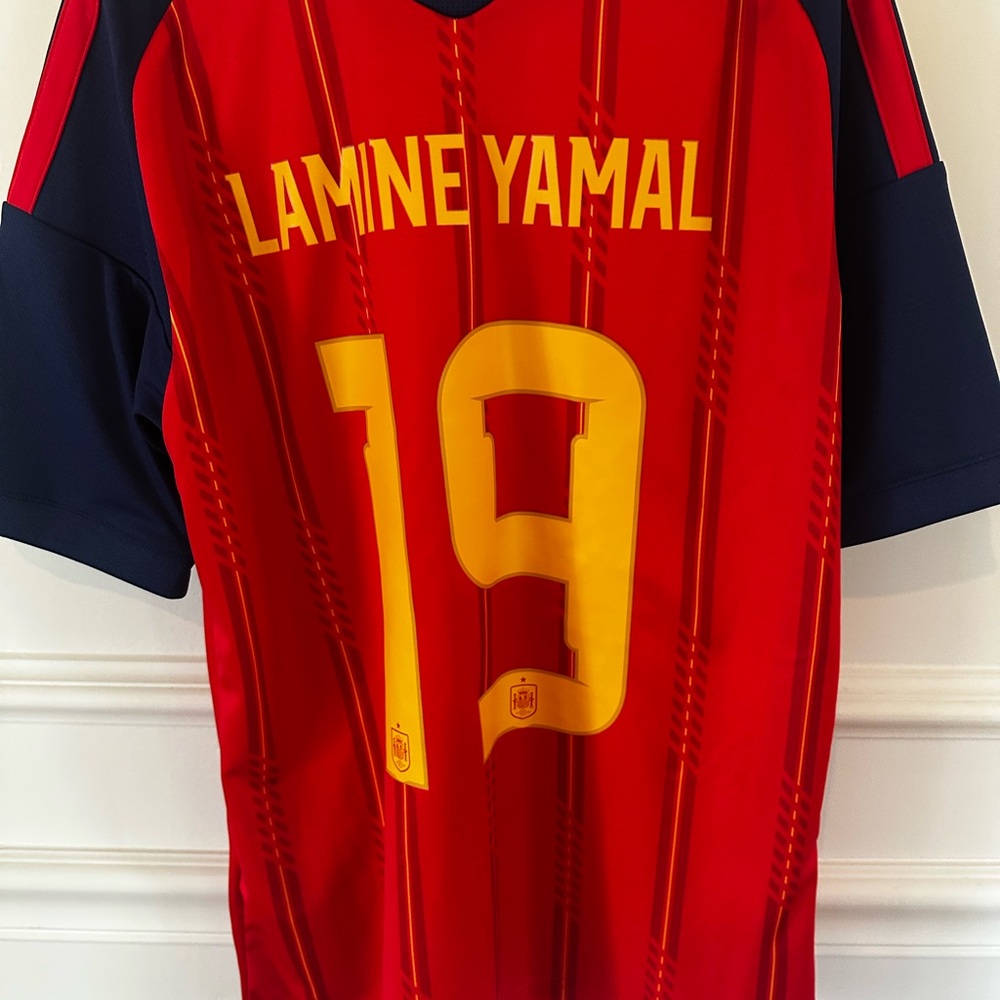 adidas Red and Yellow Lamine Yamal #19 Kids Soccer Jersey